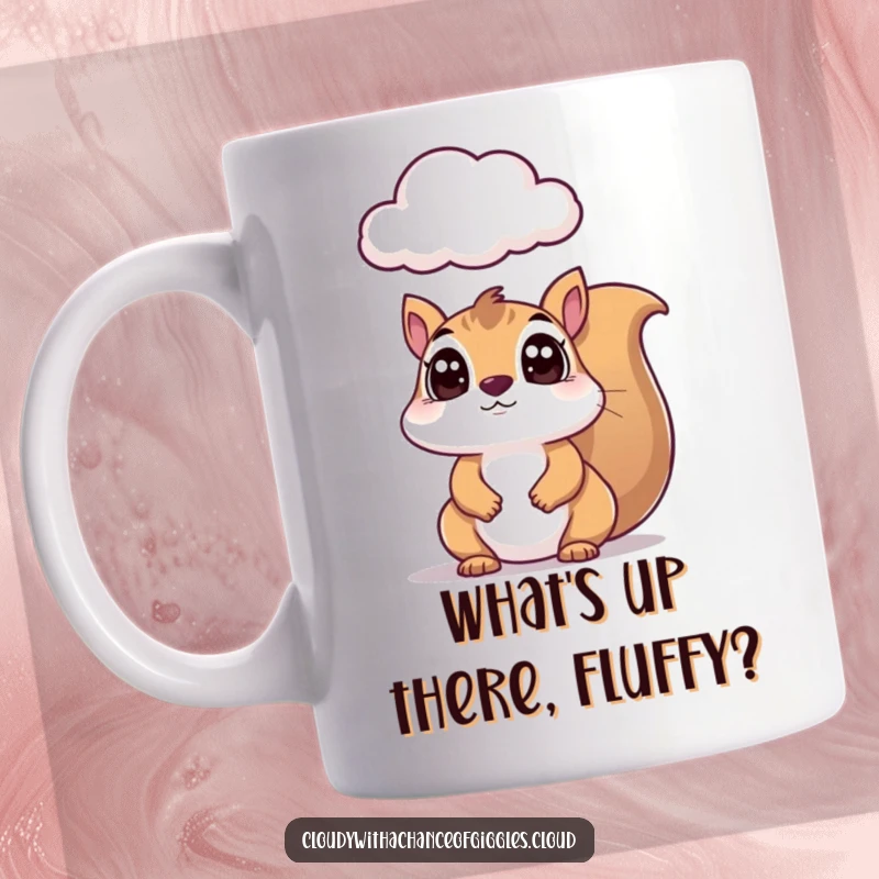 Funny squirrel mug with wide eyes, looking up inquisitively at a fluffy, curious cloud, symbolizing wonder. Perfect gift.