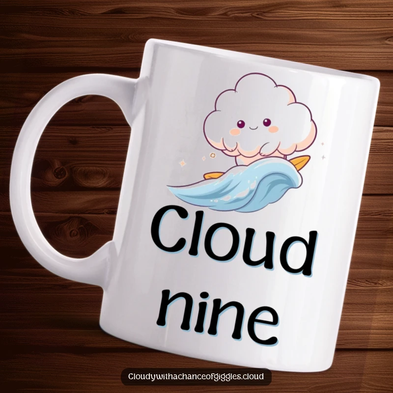 Funny cloud animal happily surfing a gentle wave of wind, a serene and funny mug.