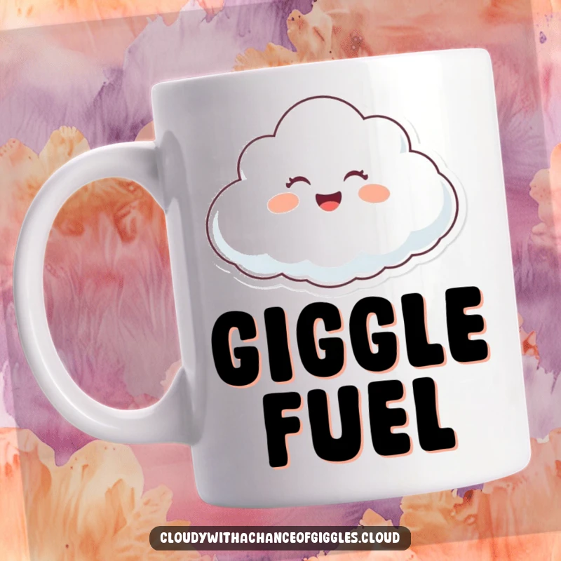 Funny happy cloud character giggling while floating on a gentle breeze, a cheerful and funny mug.