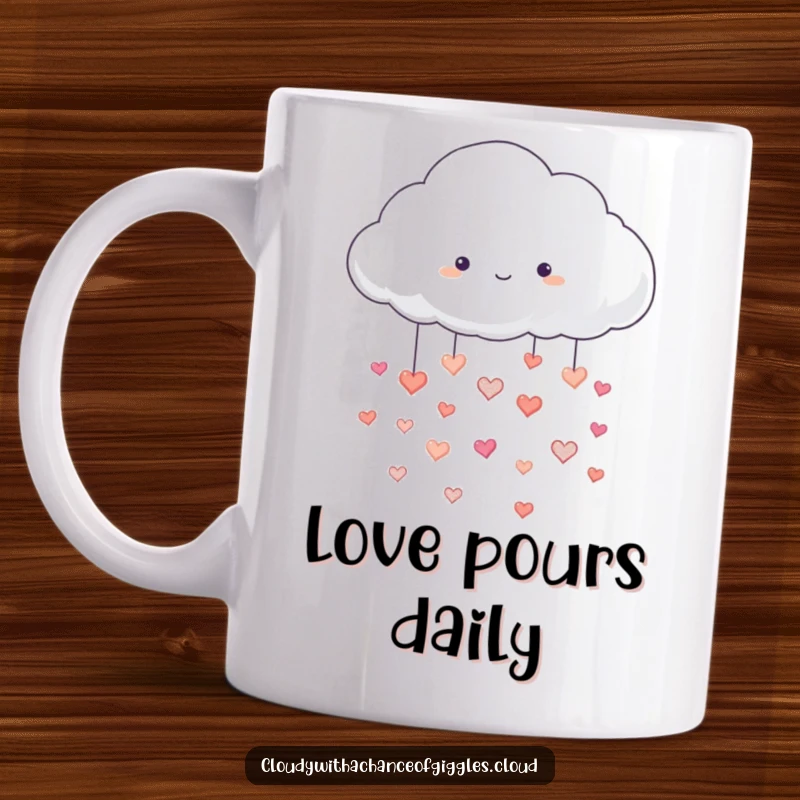 Funny mug with a fluffy white cloud raining tiny, happy hearts, spreading love and joy, a perfect funny gift.
