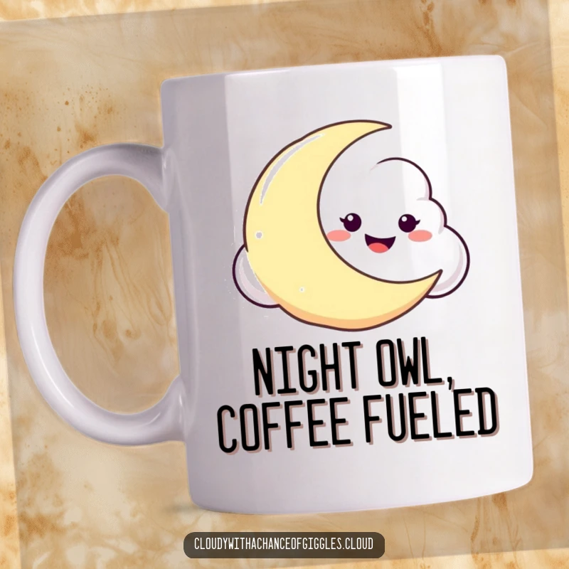 Funny mug shows a cloud with a mischievous grin, playfully peeking from behind a shining crescent moon in a starry night sky.
