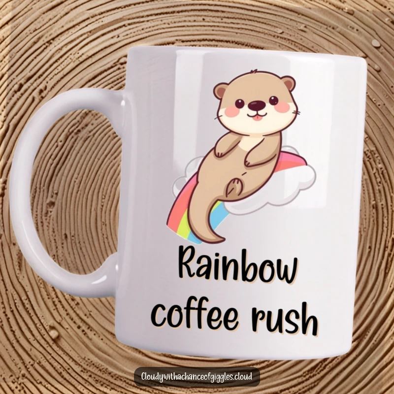 Funny playful otter slides down a rainbow from a fluffy cloud, featured on this cheerful mug.