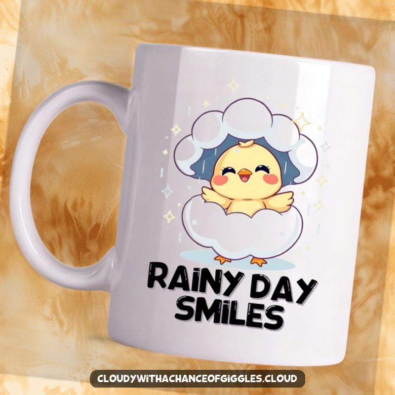 Funny giggling chick hatching from a sparkly, rain cloud mug, radiating joy and humor. A cheerful start.
