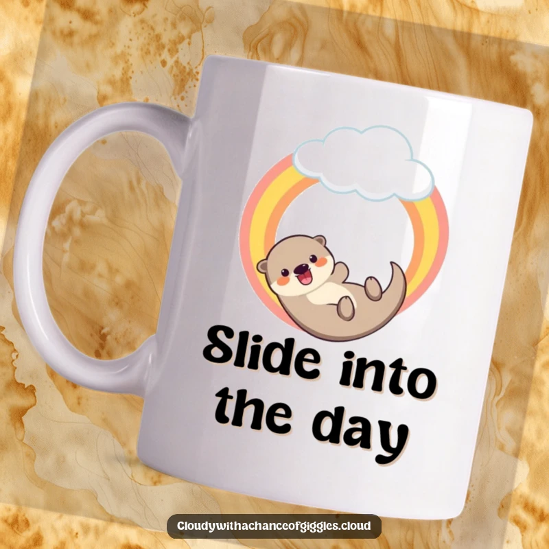 Funny mug featuring a joyful otter gleefully sliding down a colorful rainbow arc that extends from a fluffy cloud.