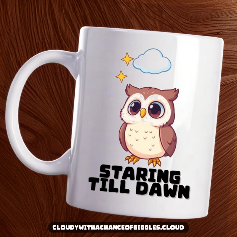 Funny mug featuring a little owl with wide, curious eyes gazing upwards at a magical star-filled cloud, embodying wonder and dreams.