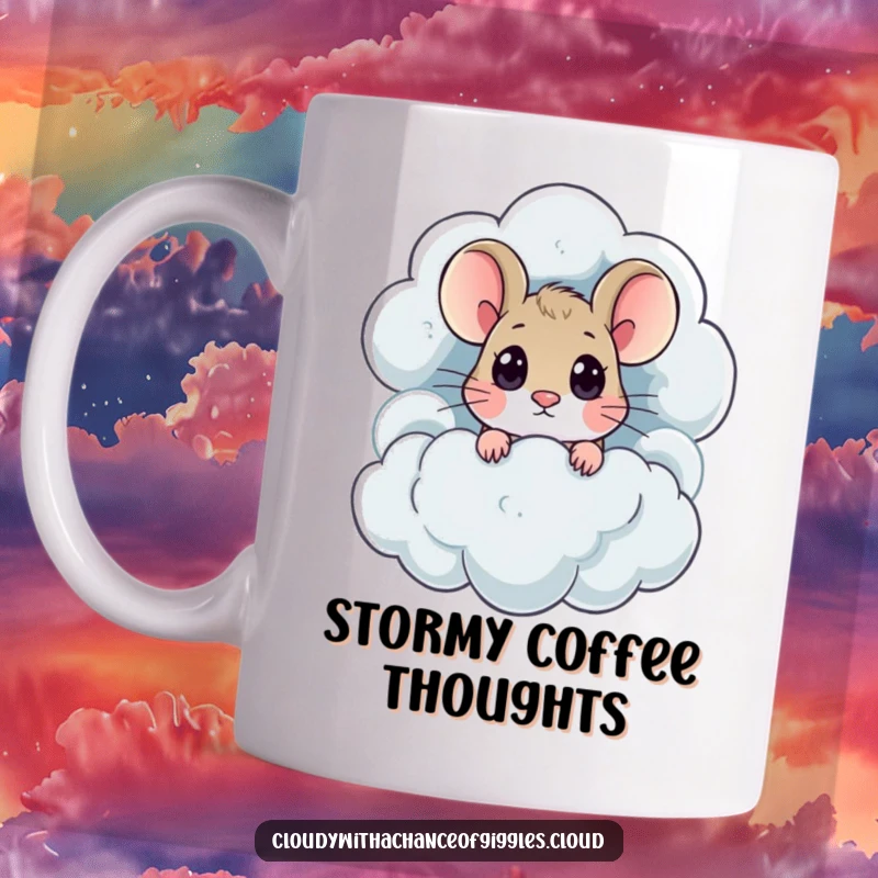 Funny, curious mouse with big eyes peeks out from a dark thundercloud, featured on this amusing mug.