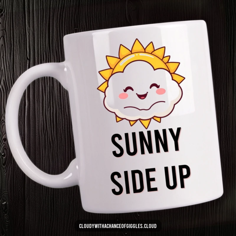 Funny sun and cloud mug, a smiling sun peeking from behind a happy, puffy cloud, radiating warmth and cheerful humor.