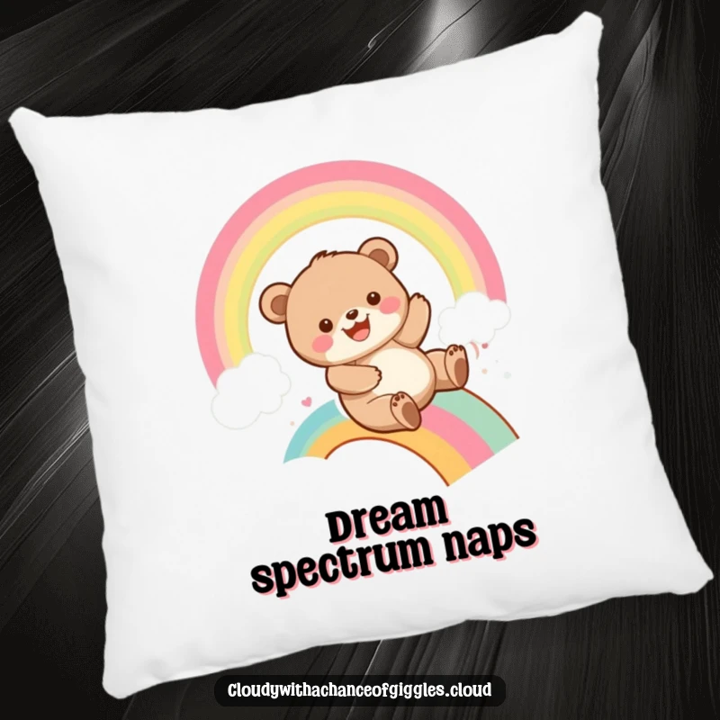 Funny bear cub sliding down a colorful rainbow with a grin, designed for a soft pillow, offering comfort and playful humor.
