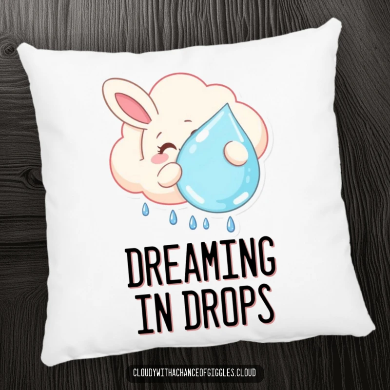 Funny pillow featuring a smiling bunny-shaped cloud floating lazily, holding a large raindrop, providing comfort and a touch of adorable, whimsical humor.