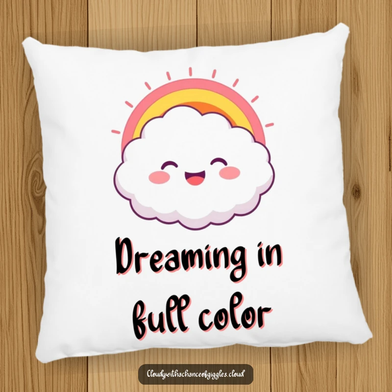 Funny pillow with a fluffy, smiling cloud character and a vibrant rainbow bursting from its cheerful mouth, offering soft, humorous comfort.