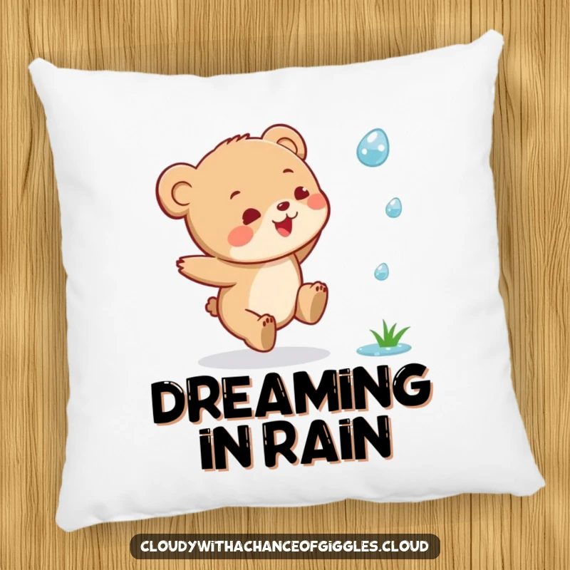 Funny Bear Cub Pillow: A plush cushion showcasing a joyful bear cub leaping to catch a raindrop, soft and cute.