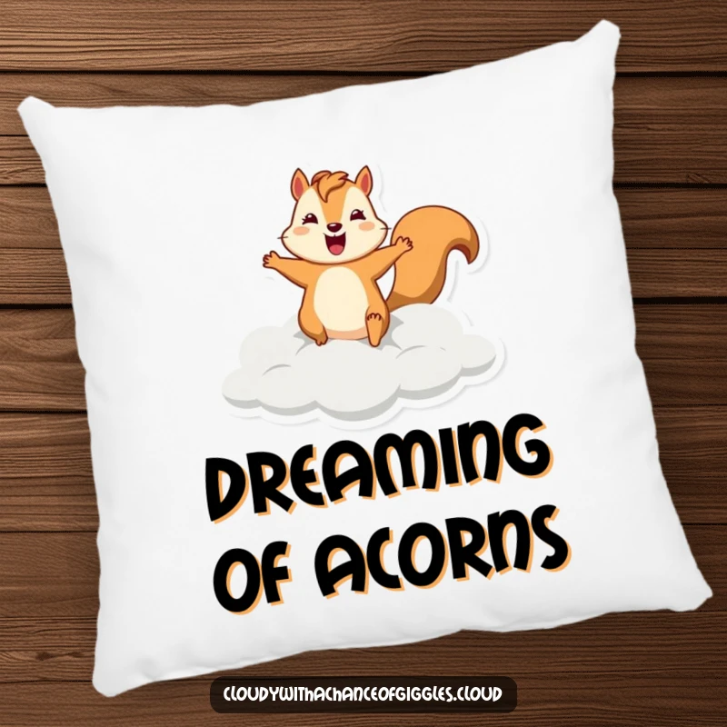 Funny squirrel pillow showcasing a silly squirrel leaping from a fluffy cloud, offering comfort and a dose of humorous delight.