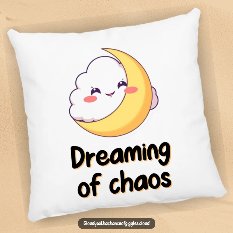 Funny Pillow: A mischievous cloud with a grin hides behind a crescent moon, adorning your space with playful nighttime charm.