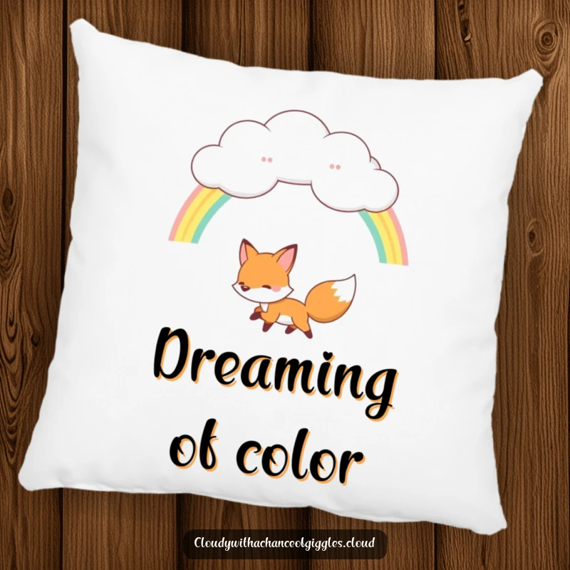 Funny fox pillow, a happy fox chasing a rainbow from a fluffy cloud, soft and whimsical decorative cushion.