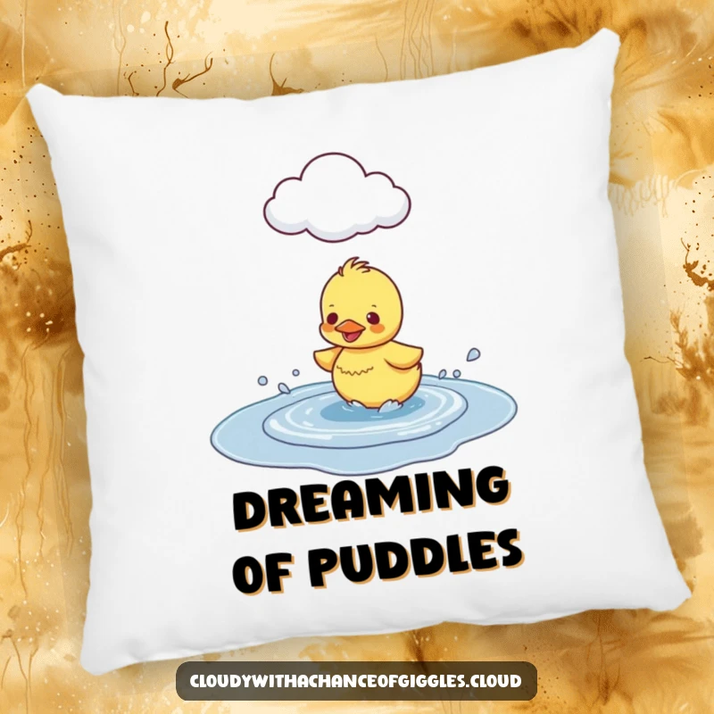 Funny Duckling Puddle Splash Pillow, showing a happy duckling splashing in a puddle under a cloud, perfect for cozy decor.