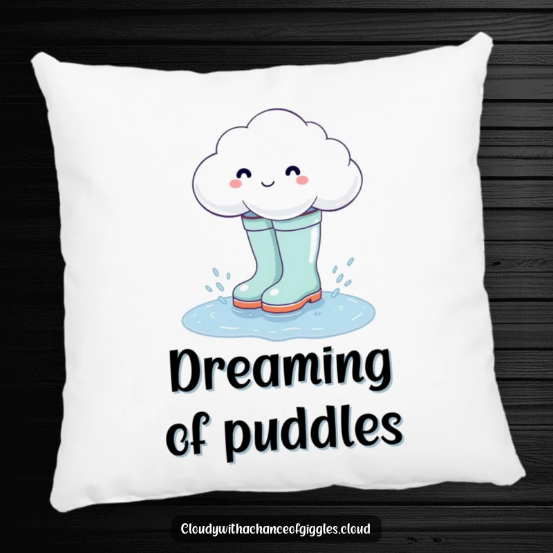 Funny cloud character in large rain boots, splashing in a puddle, a soft and humorous pillow.