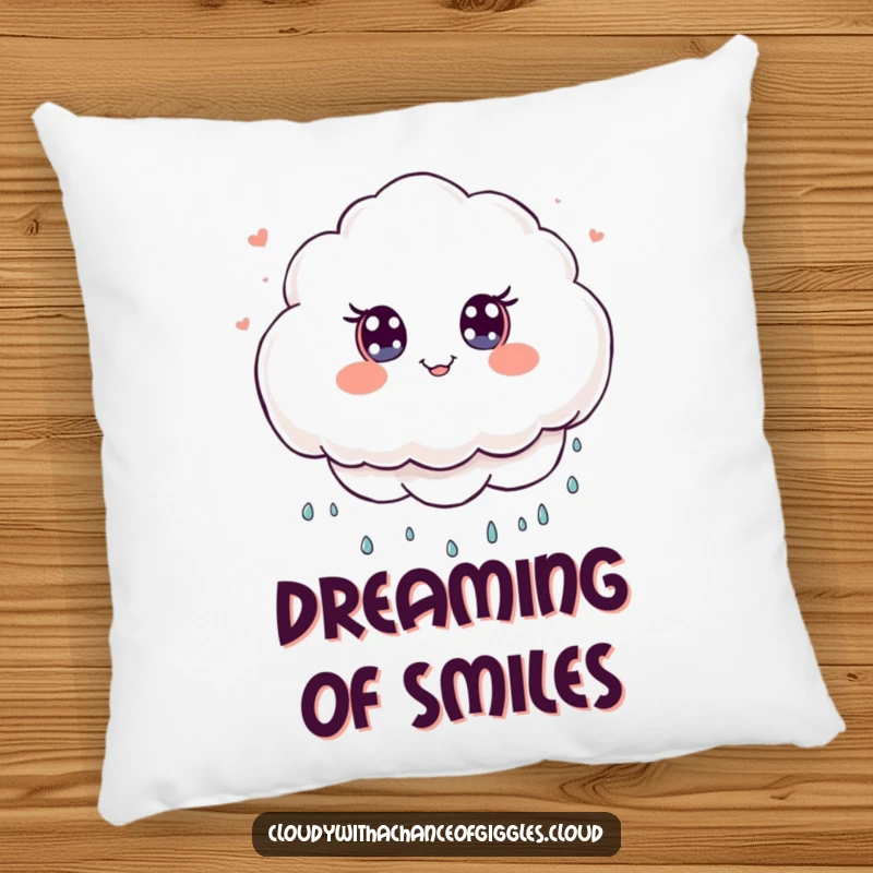 Funny Pillow featuring a fluffy kawaii cloud character joyfully raining tiny smiles. Soft, cozy, and humorous decor.
