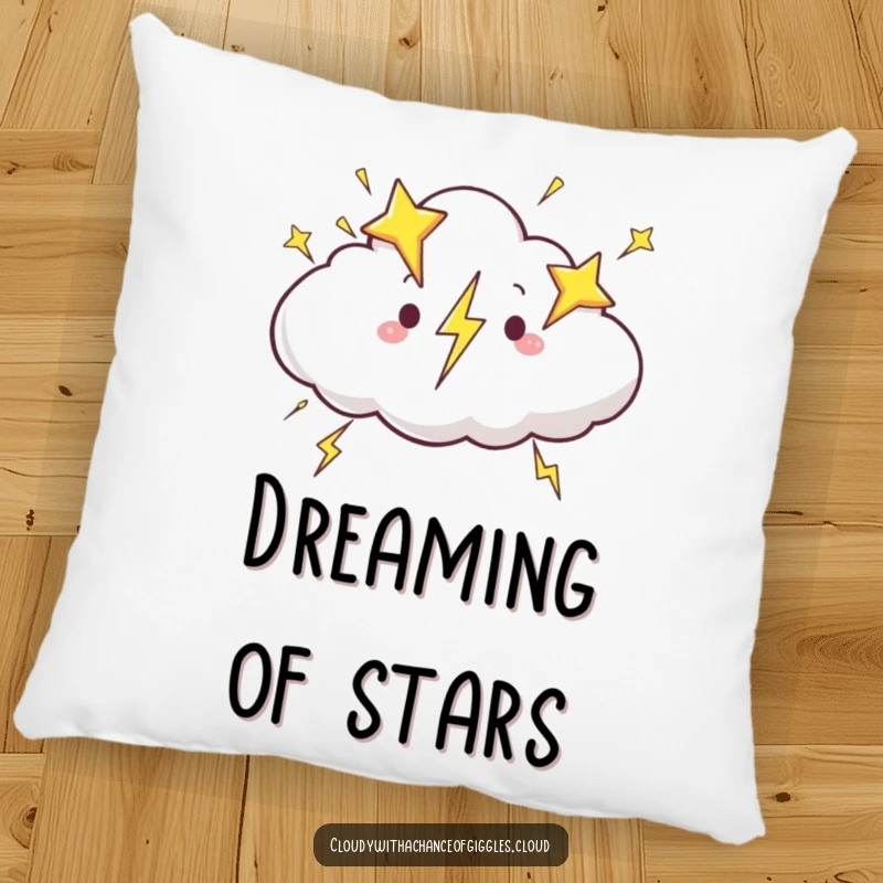 Funny cloud pillow, a cloud happily zipping across the sky, emitting lightning bolts shaped like stars, offering comfort.