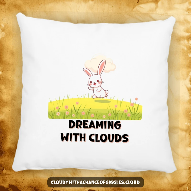 Funny rabbit pillow, a cheerful rabbit hopping under a smiling cloud, soft and whimsical decorative cushion.