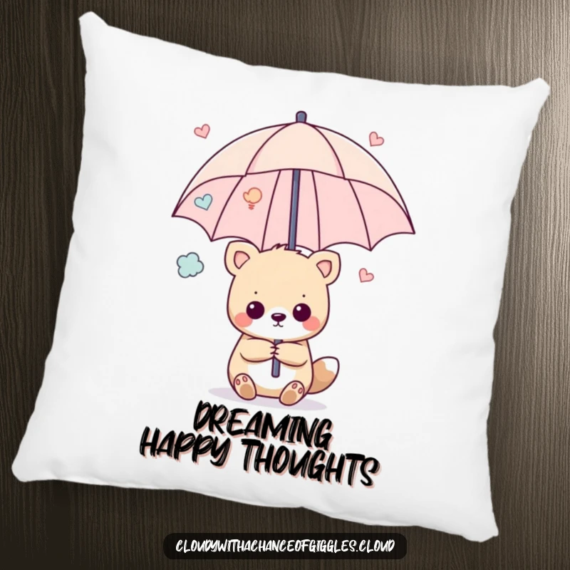 Funny pillow with an animal holding an umbrella of cheerful thoughts, offering soft, cozy, and humorous comfort.