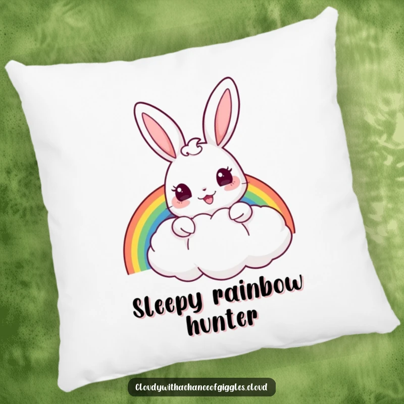 Funny pillow with a cheerful bunny peeking from behind a puffy cloud, holding a rainbow, designed for cozy magic.