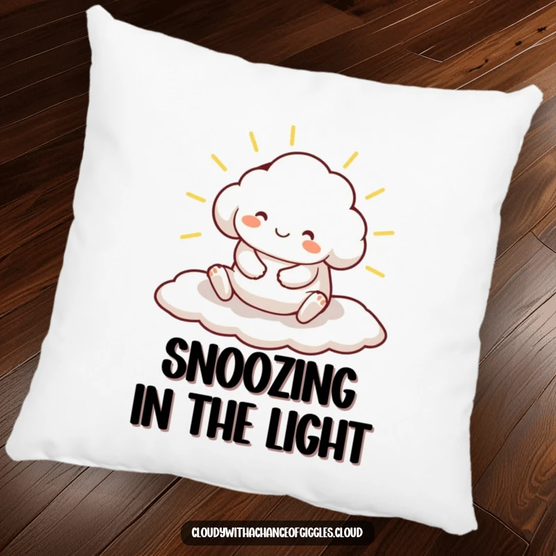 Funny pillow featuring a blissfully stretching cloud animal character on a sunbeam, offering cozy comfort and cute decor.