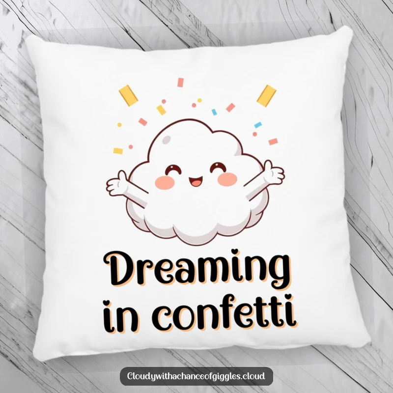 Funny pillow design of a happy cloud with open arms catching confetti, offering comfort and a splash of playful humor.