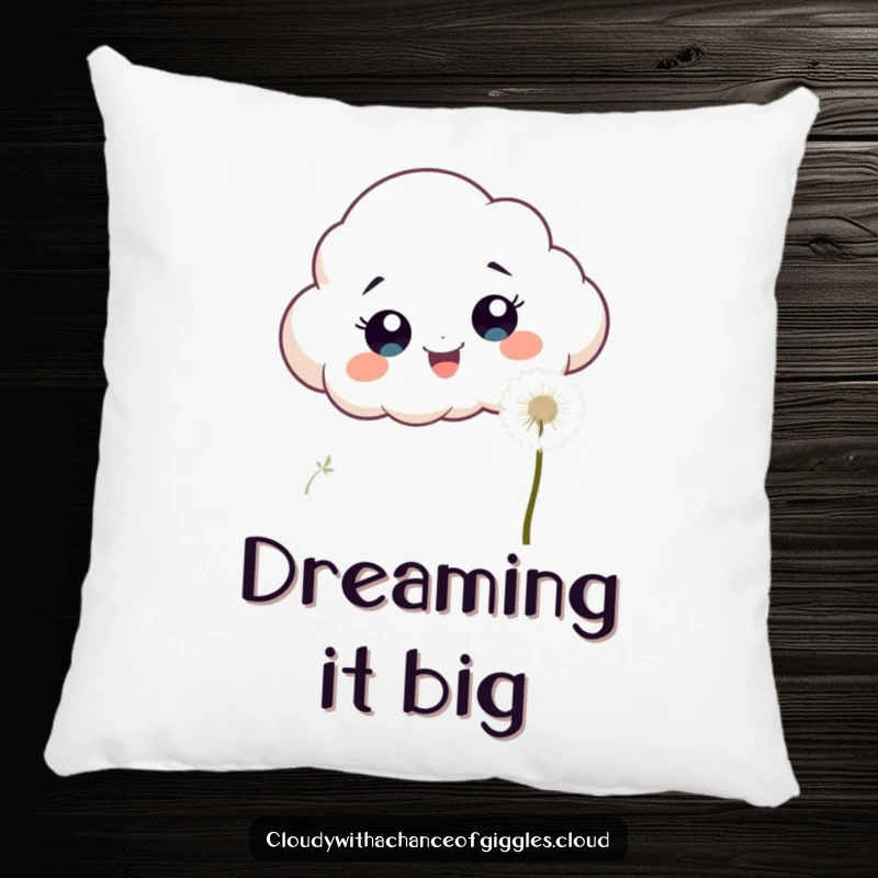 Funny, excited cloud with wide eyes chasing a fluffy white dandelion seed on a soft, decorative pillow.