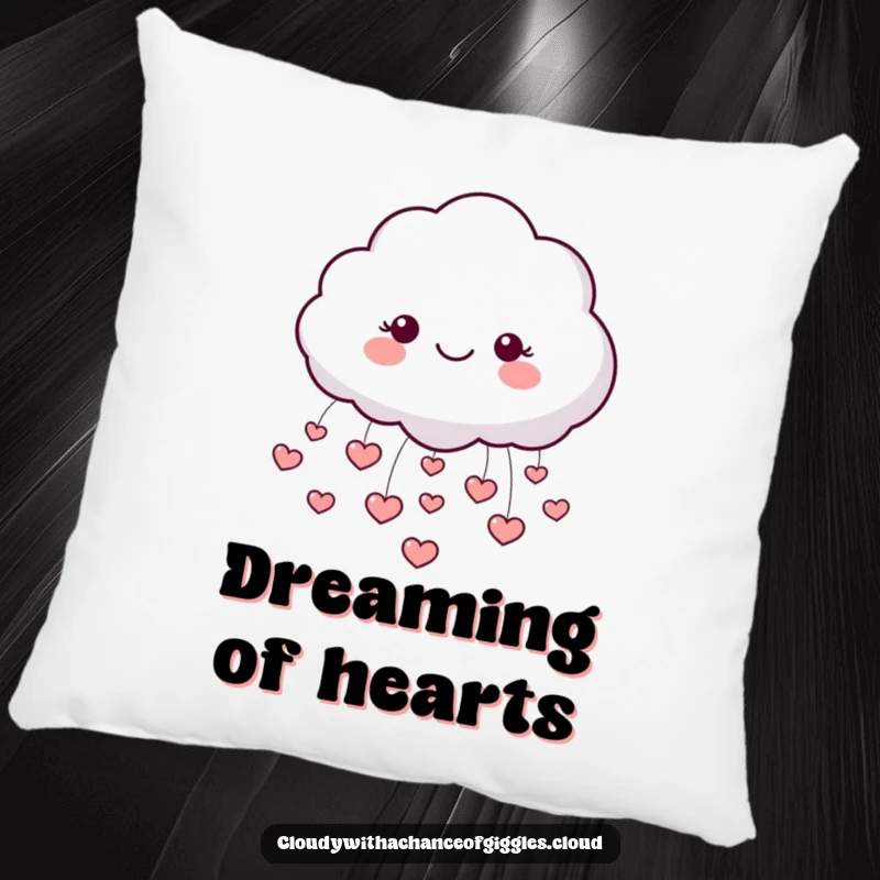 Funny pillow featuring a round, smiling cloud character playfully raining small, red hearts, perfect for cozying up.
