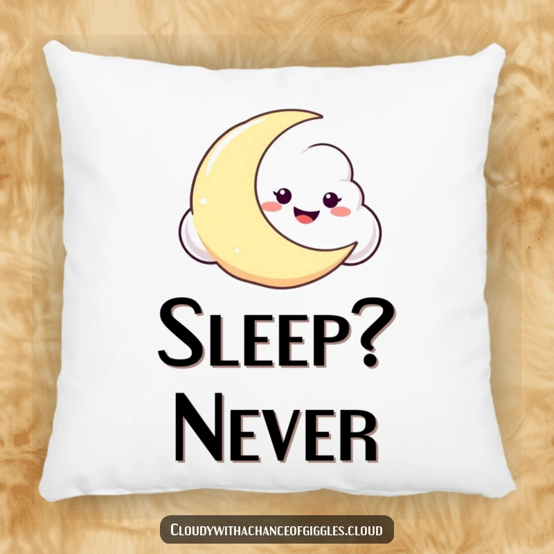 Funny pillow featuring a cloud with a sly, mischievous grin, peeking out from behind a crescent moon, adding nighttime charm.