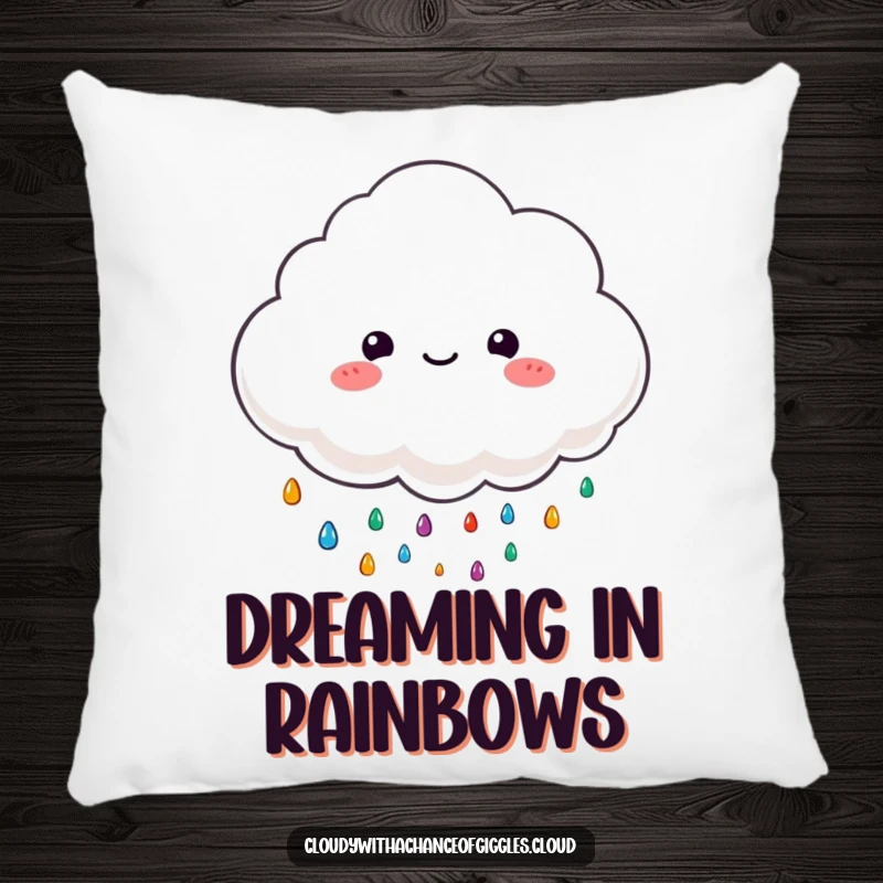 Funny pillow with a fluffy cloud character happily raining colorful, tiny raindrops, designed for cozy comfort.