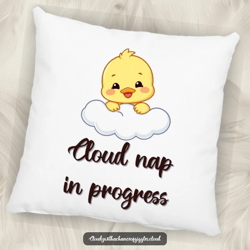 Funny duckling pillow showcasing a smiling duckling peeking from a fluffy cloud, offering comfort and a dose of adorable humor.
