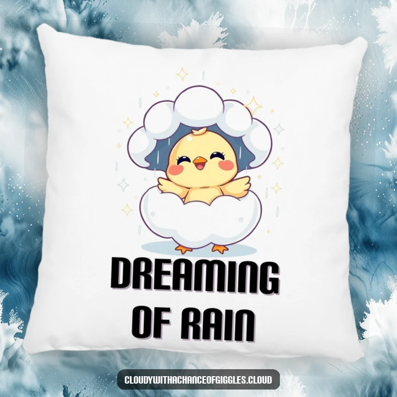 Funny giggling chick hatching from a sparkly cloud pillow, offering plush comfort and cheerful humor.