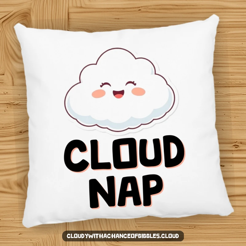 Funny happy cloud character giggling while floating on a gentle breeze, a soft and funny pillow.