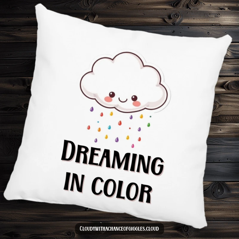 Funny cloud pillow, a small fluffy cloud with a smiling face raining colorful raindrops, offering comfort and whimsical charm.