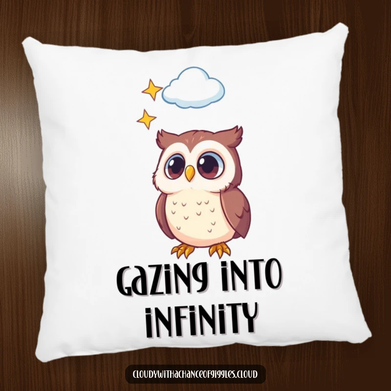 Funny pillow featuring a cute owl with big eyes looking up at a starry cloud, offering comfort and a whimsical, funny touch.