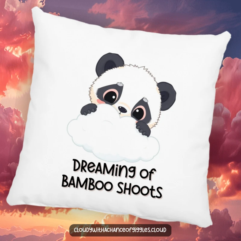 Funny panda cub pillow featuring a curious panda cub with wide eyes peeking over a fluffy cloud, offering comfort and charm.