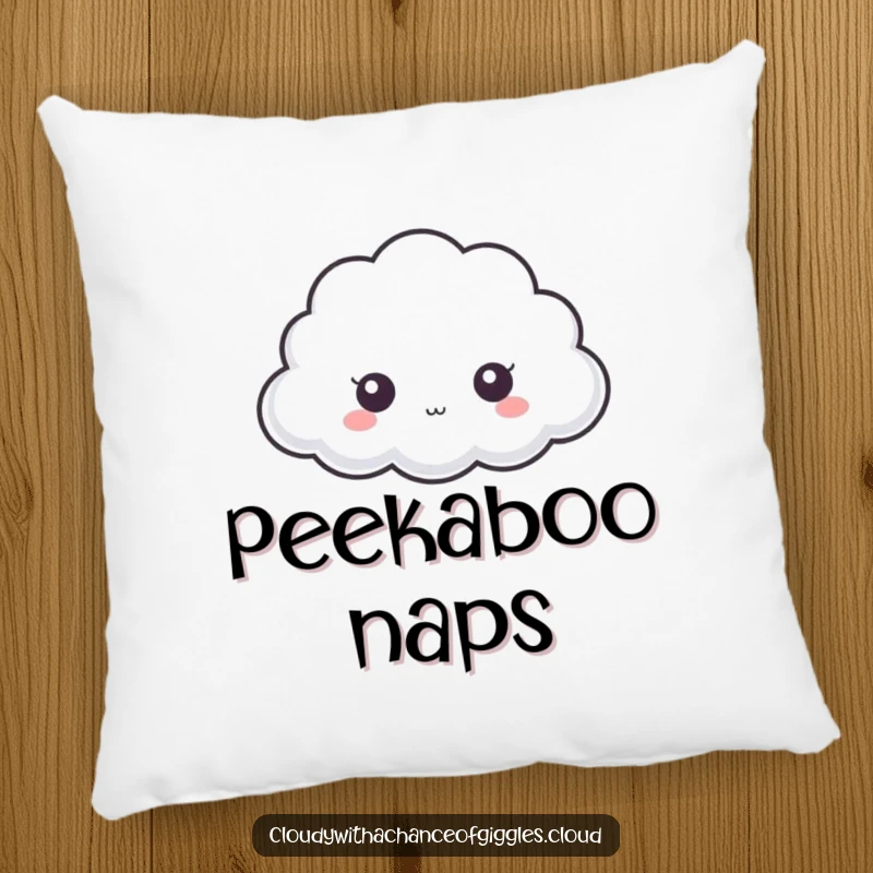 Funny cloud pillow, a small shy cloud with big eyes peeking from behind a larger cloud, offering comfort and charm.