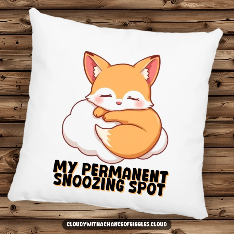 Funny sleepy fox curled up smiling on a soft cloud with closed eyes, a comfortable and humorous pillow for cozy relaxation.