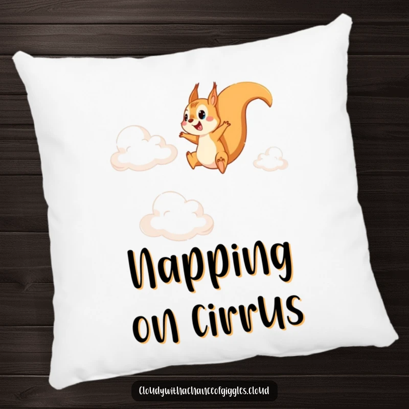 Funny decorative pillow featuring a cheerful squirrel mid-leap between fluffy clouds, adding a touch of playful whimsy to any room.