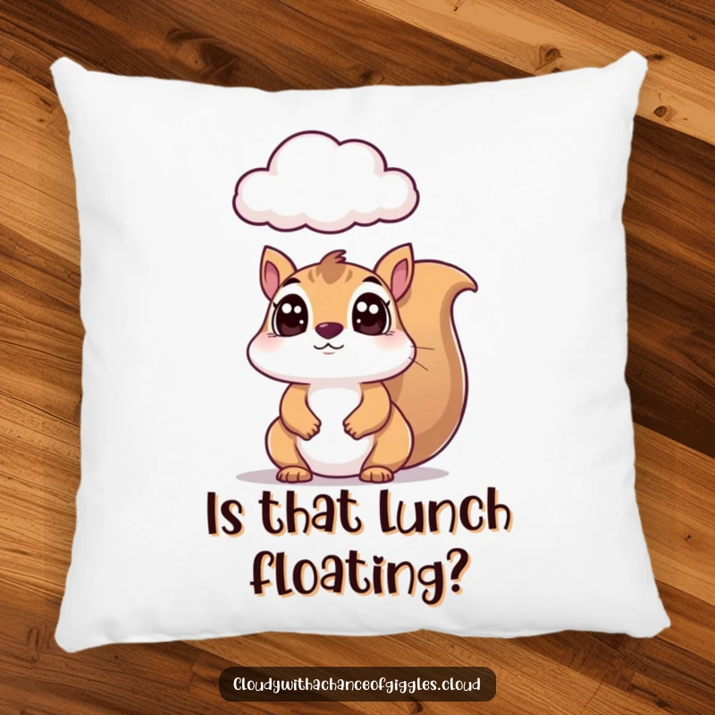 Funny squirrel pillow featuring a wide-eyed squirrel looking up at a curious cloud, providing comfort and a touch of humor.