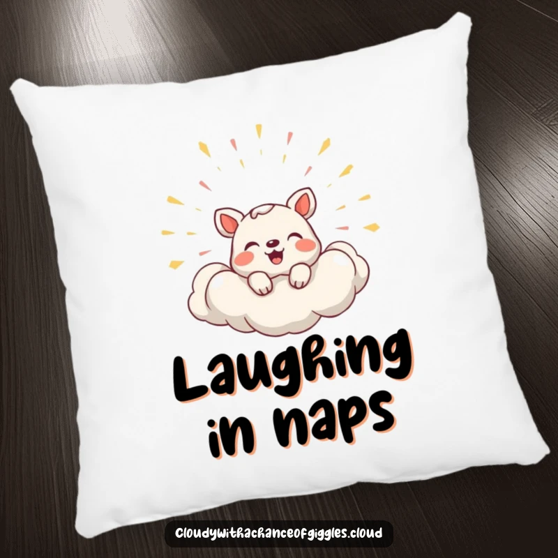 Funny Pillow featuring a shy animal peeking from a cloud overflowing with joyous laughter.