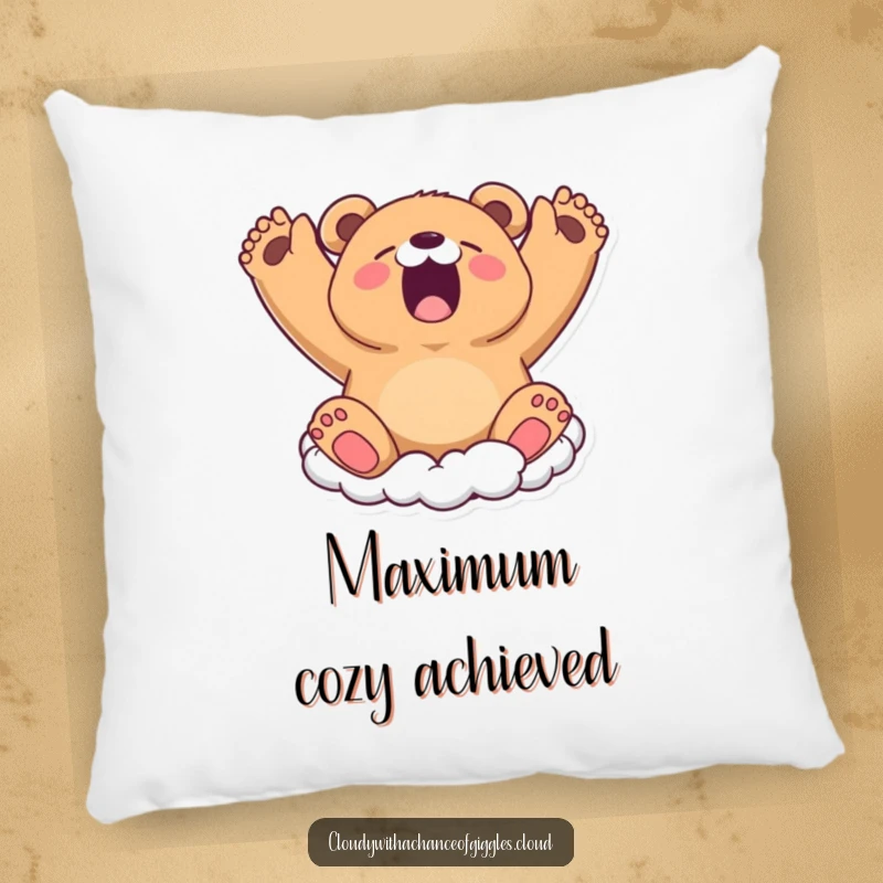 Funny Pillow: A sleepy bear cloud stretches its arms in a wide yawn, offering comfort and sweet dreams.