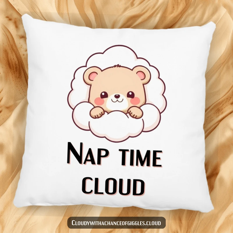 Funny pillow featuring a cute bear cub peeking curiously from behind a large, friendly, smiling cloud.