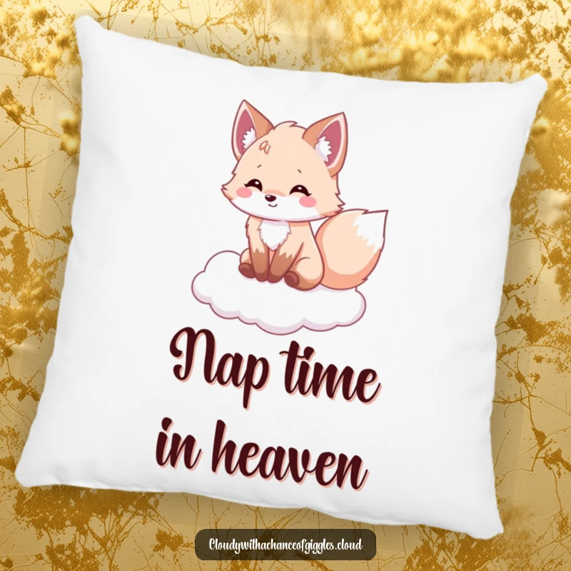 Funny fox pillow, a fluffy fox sits on a cloud, tail wagging with delight, offering comfort and humorous charm.