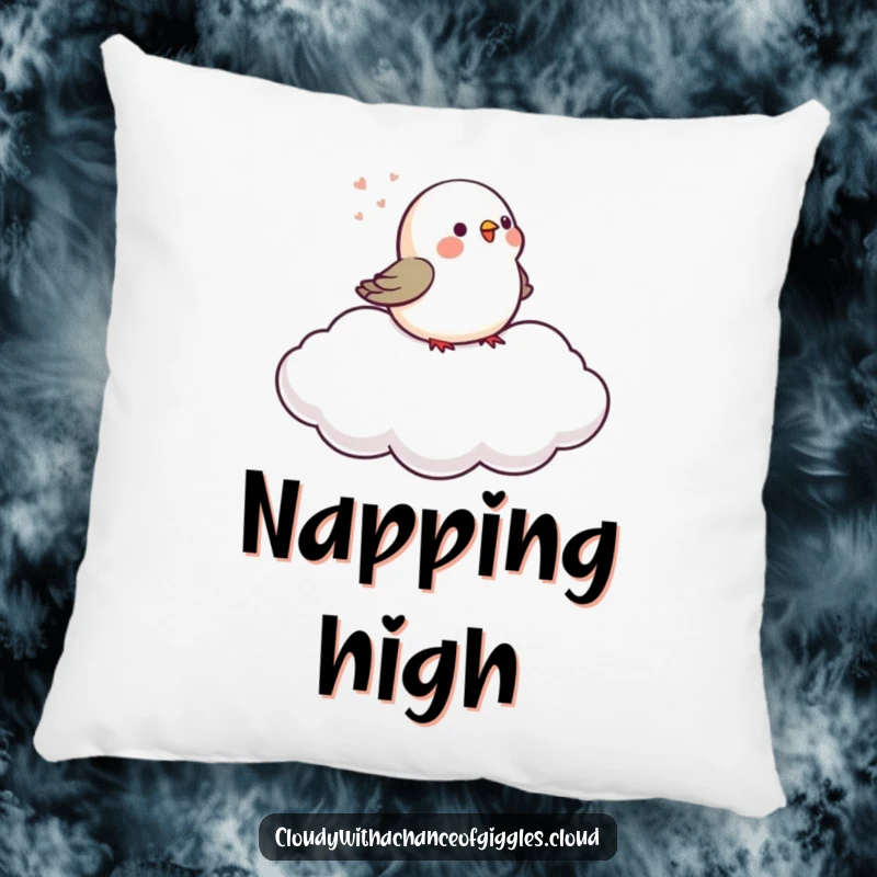 Funny tiny bird chirps on a gently drifting cloud, making this pillow a cozy and amusing accent.