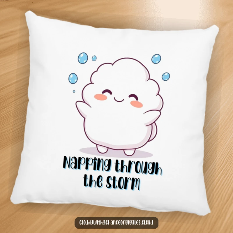 Funny pillow featuring a plump cloud animal character happily juggling raindrops, adding cheerful weather decor.