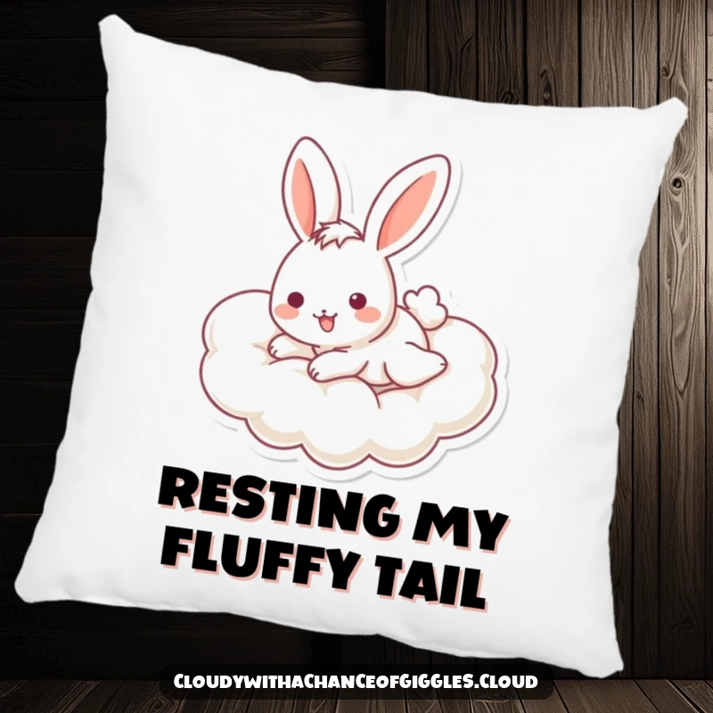 Funny bunny pillow featuring a playful bunny with a cheerful expression sliding down a fluffy cloud, offering comfort and charm.