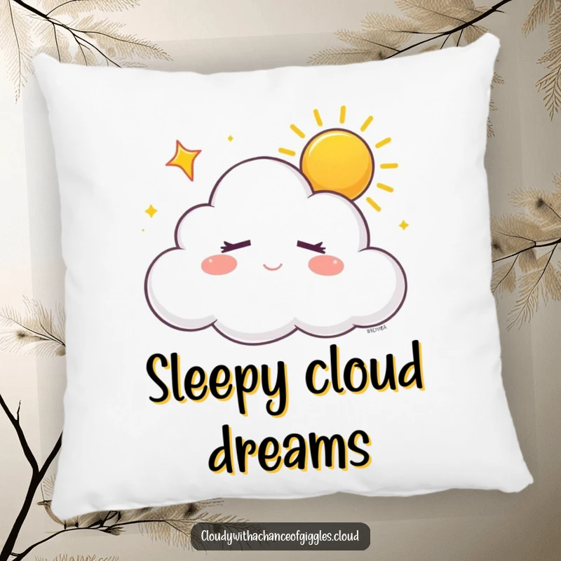 Funny sleepy white cloud with closed eyes, dreaming of sunshine with a happy sigh, on a pillow, for cozy and peaceful relaxation.
