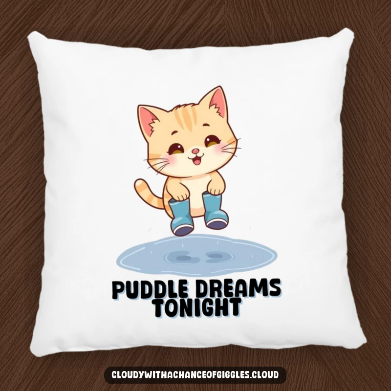 Funny cat wearing tiny rain boots, jumping over a puddle, a soft and humorous pillow.